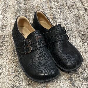 Alegria Black Embossed Leather Slip-On Loafers